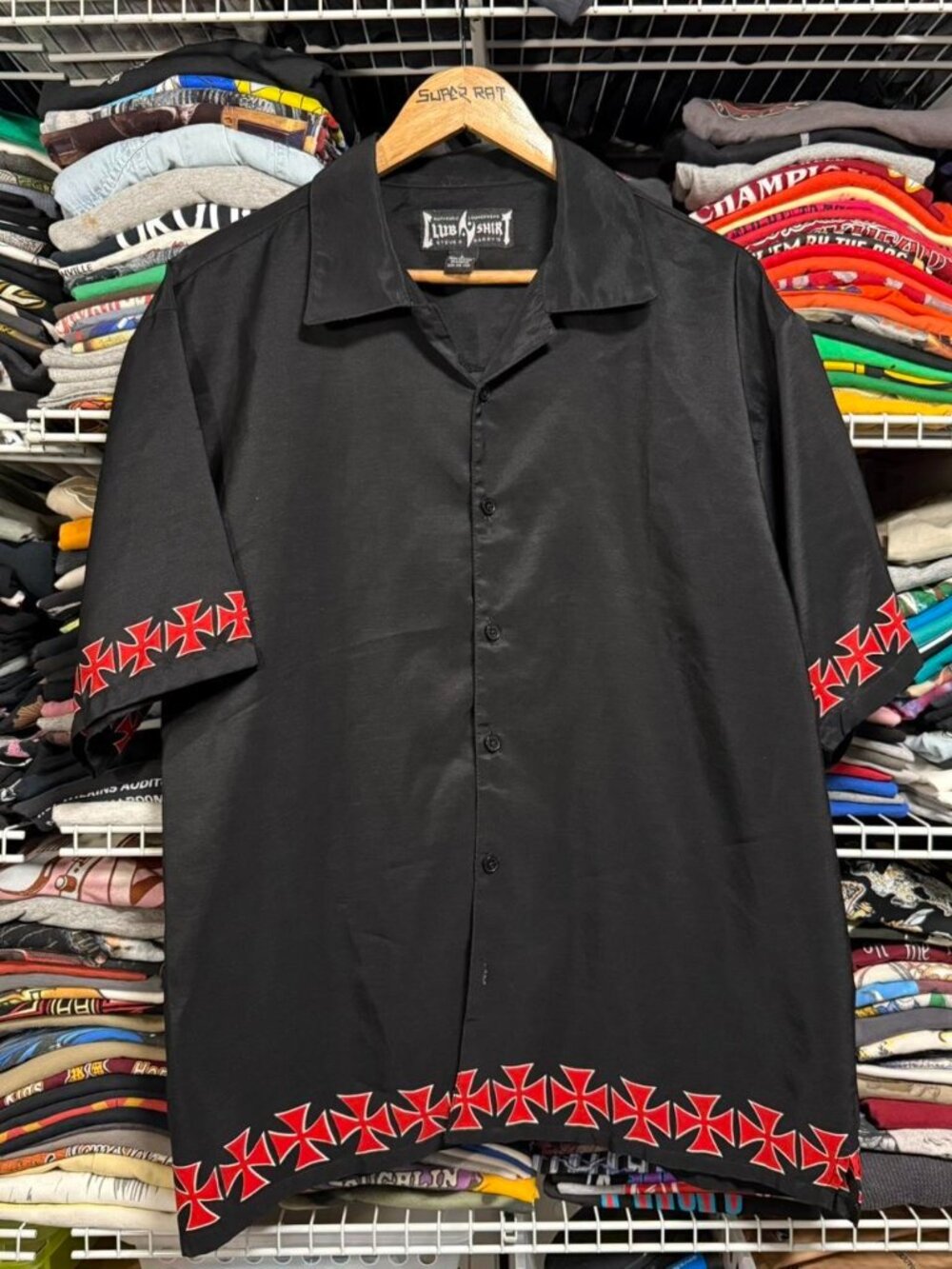 Y2K Steve and berrys iron cross club shirt polyester button up